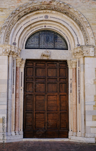 view of the historic center of Fano, Marche, Italy. church door