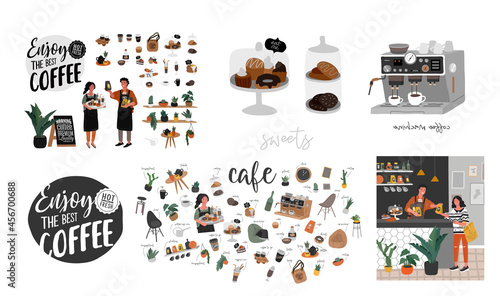 Coffee shop hand drawn collection . Cartoon constructor set. Small business, houseplant and interior decoration, logo lettering and quote, barista character