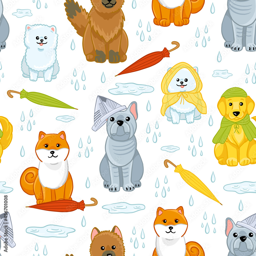 Seamless autumn pattern with dog breed: shepherd, bulldog, terrier ...