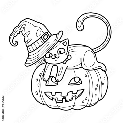 Halloween coloring book page for children and adult for antistress. Funny cat in witch hat on pumpkin cartoon. Vector isolated doodle.