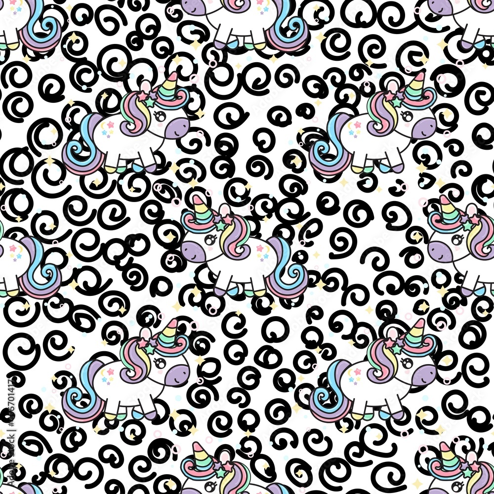 Pastel Unicorn rainbow pattern background. Colorful Cute unicorns, stars, circles pattern background. Seamless Vector illustration. Wrapping paper. Swirl pattern.