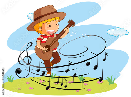 Cartoon doodle a boy playing guitar with melody symbols