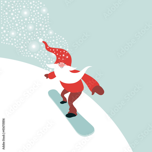 Christmas and New Year greeting card. Cute Gnome snowboarding. Winter sport	
