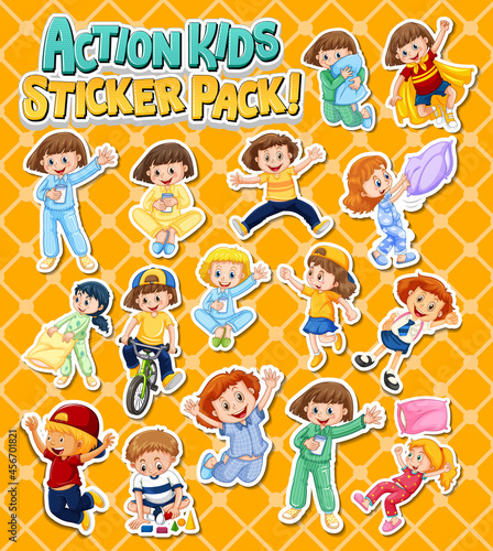 Set of stickers design with kids doing different activities