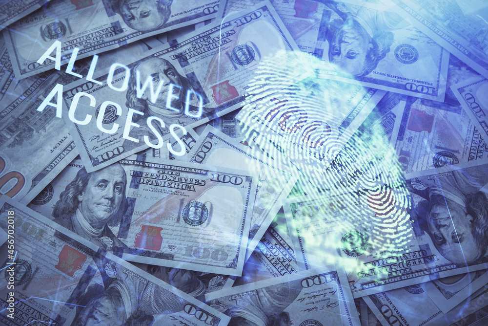 Double exposure of finger print scan drawing over usa dollars bill background. Concept of security of safe access. Double exposure of finger print scan drawing over usa dollars bill background. Concept of security of safe access.
