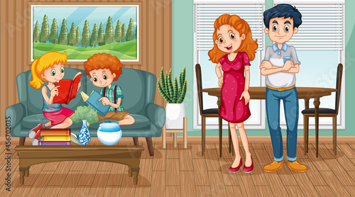 Happy family in the living room scene