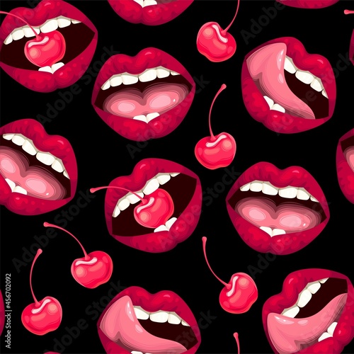 Vector seamless pattern with lips and cherry