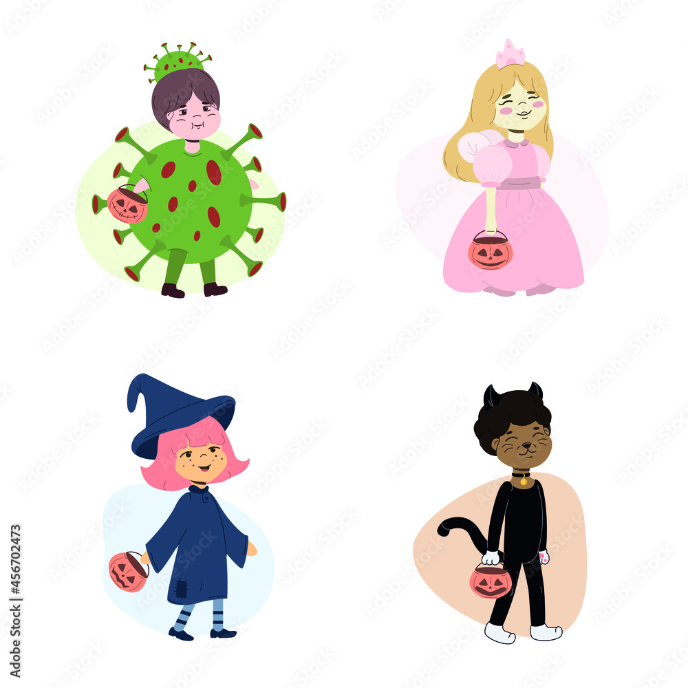 Children in Halloween customs isolated on white background. Boys wear in coronavirus and black cat customs, girls wear in fairy and witch customs to celebrate Halloween party. Halloween concept vector Children in Halloween customs isolated on white background. Boys wear in coronavirus and black cat customs, girls wear in fairy and witch customs to celebrate Halloween party. Halloween concept vector