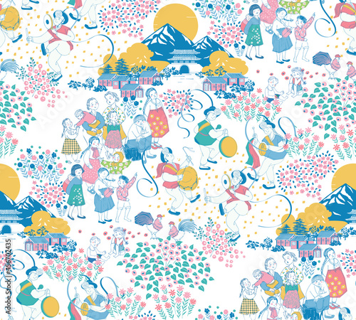 Seamless pattern illustration of Korean villagers enjoying traditional festival "Chooseok" in autumn. Traditional Korean festival "Thanksgiving" in the fall. Design for Poster, card, picture frame, fa