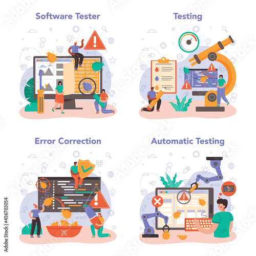 Software tester concept set. Application or website code testing.