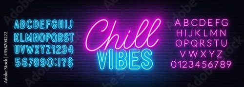 Chill Vibes neon lettering on brick wall background.