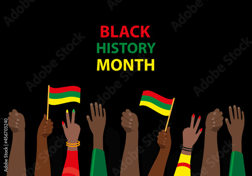 Black history month, template for your design with hands up. African American History Poster, card, background. Vector illustration