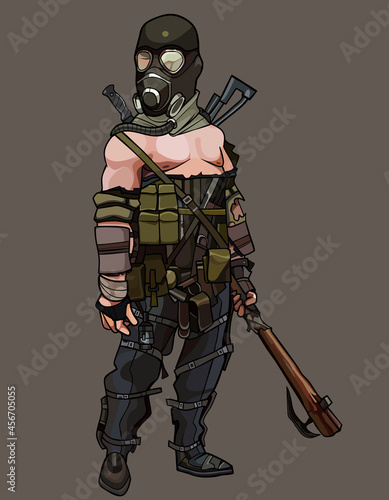 cartoon armed man wearing gas mask apocalypse survivor