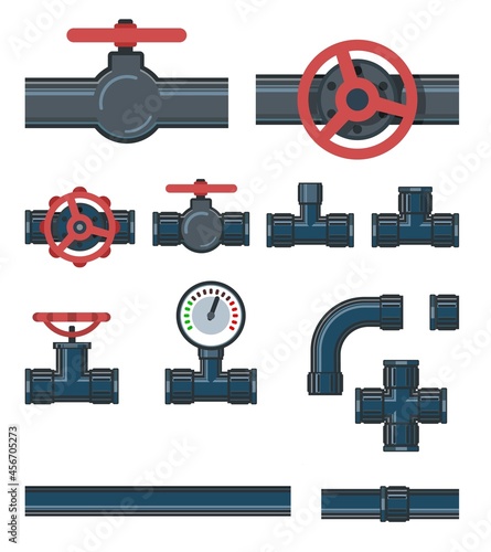 Set. Fittings, taps, bends and fittings. Spare parts for pipelines, sewerage, gas pipelines and any liquids. Isolated on a white background. Illustration Vector
