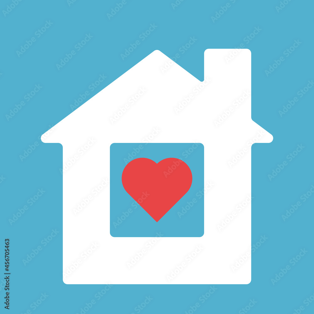 White house with red heart shape inside it on blue background. Stay home, covid-19 coronavirus pandemic and self isolation concept. Flat design. Vector illustration. No gradients, no transparency White house with red heart shape inside it on blue background. Stay home, covid-19 coronavirus pandemic and self isolation concept. Flat design. Vector illustration. No gradients, no transparency