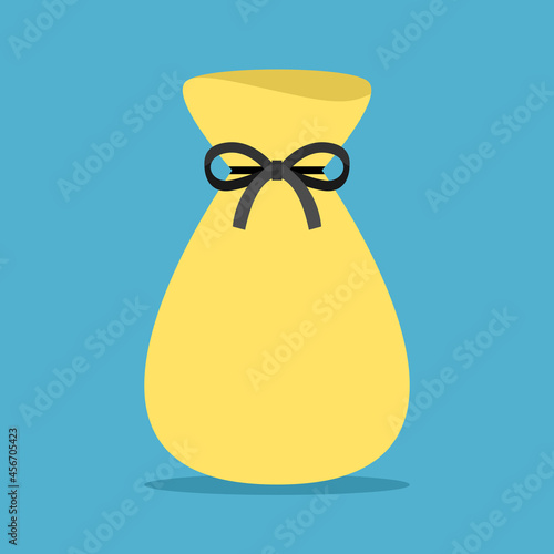 Yellow fabric bag with black ribbon and bow on blue background. Sack with grain or money. Wealth, economy, store concept. Flat design. Vector illustration. No gradients, no transparency
