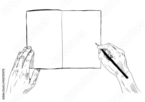 Vector hand drawn work time concept sketch with businessman or businesswoman hands above desktop making notes on paper notebook