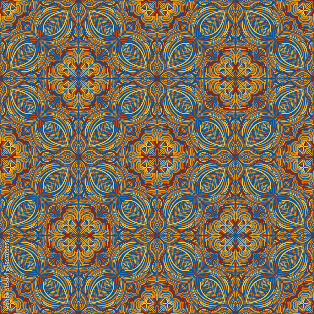 Seamless pattern with floral patterns. Yellow and gold shades on a blue background.