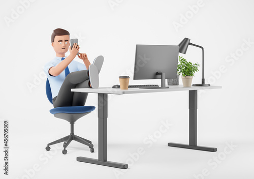 Cartoon business man with legs on table using smartphone on the workplace with big monitor over white background.