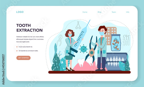 Dentist web banner or landing page. Dental doctor in uniform extracting