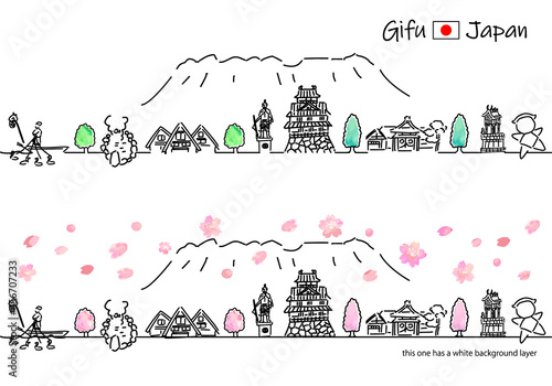 春の岐阜県の観光地の街並みシンプル線画セット