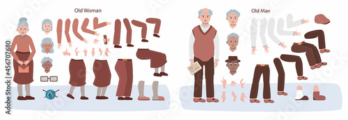 Senior characters animation set. Old woman and man with various