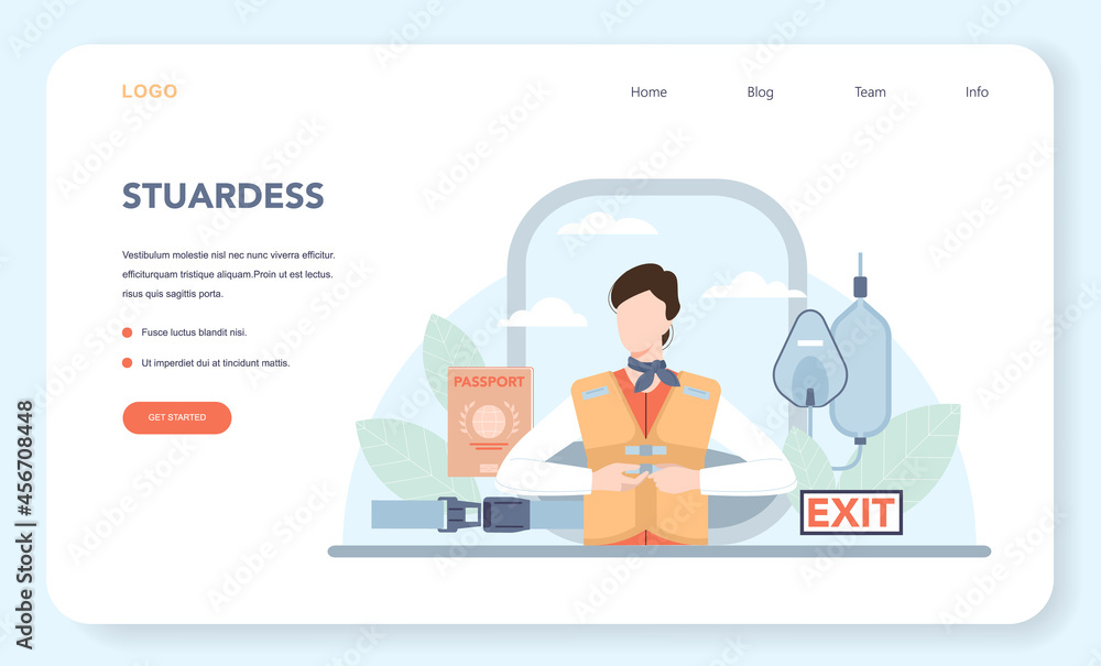 Stewardess web banner or landing page. Flight attendants help passenger Stewardess web banner or landing page. Flight attendants help passenger