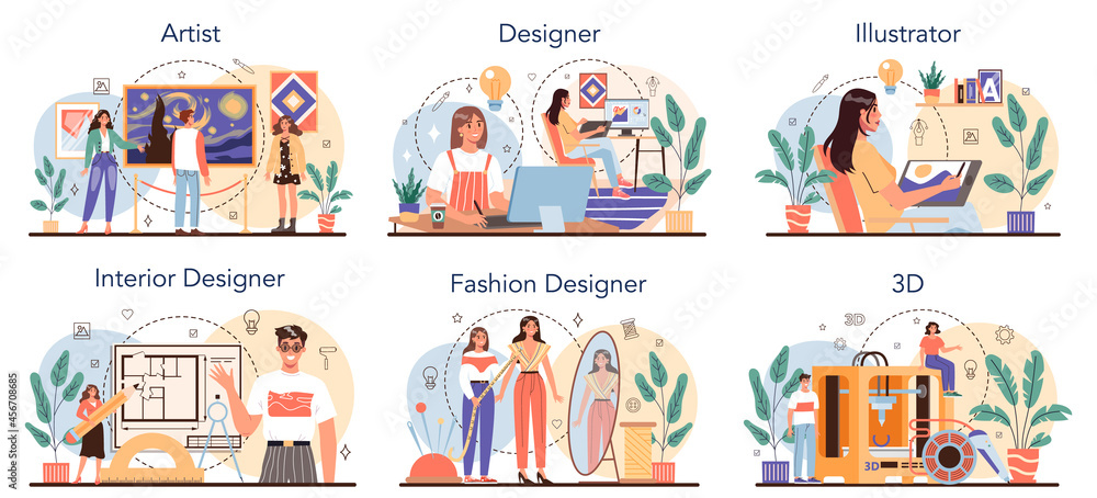Fototapeta premium Artistic occupation set. Designer, dancer, artist, musician, florist