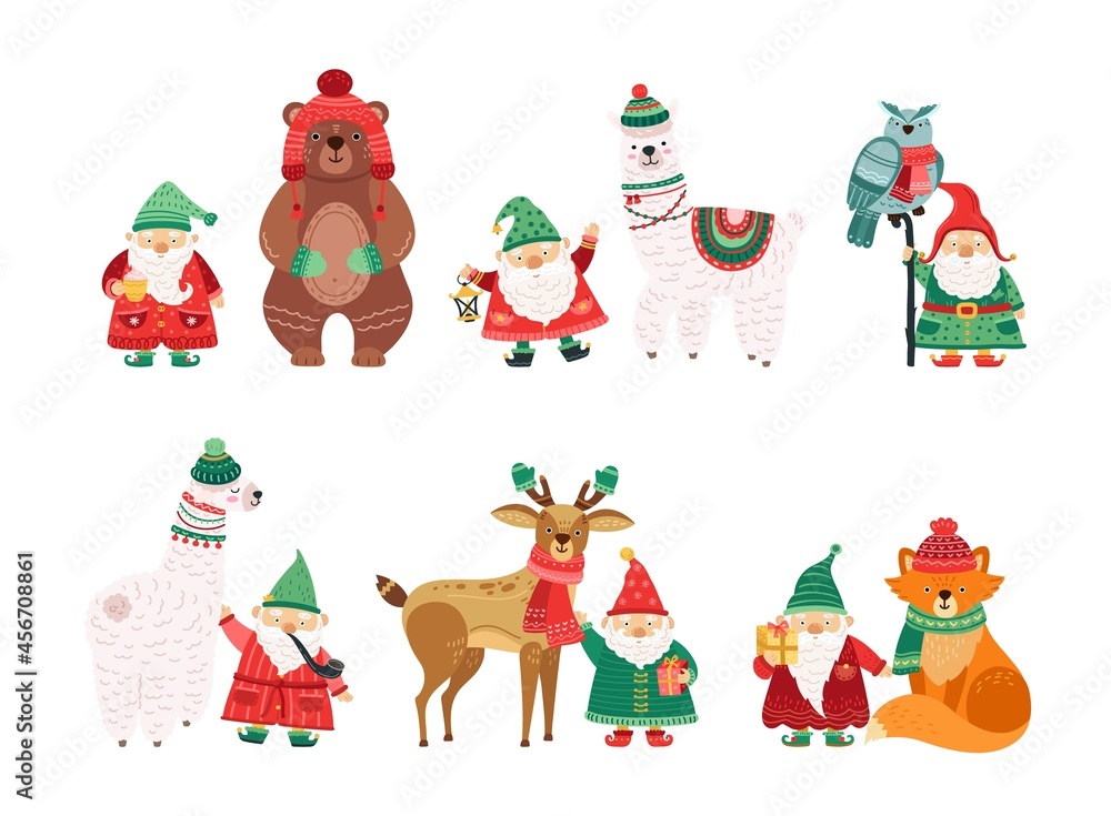 Fototapeta premium Holiday winter characters. Christmas dwarfs with animals in knit hats and scarves. Isolated scandi cartoon man with white beard vector set