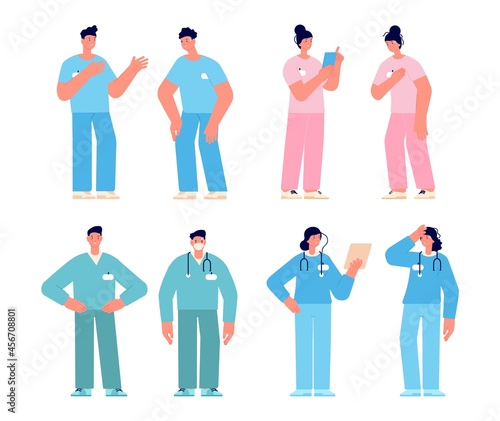 Doctors characters before and after work. Nurse, tired hospital team. Ambulance staff, woman man in medical uniform vector set