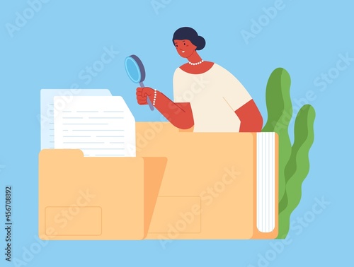 Office woman search files. Girl look in magnifying glass, businesswoman or human resources manager. Data safe, information vector concept