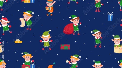 Santa elves print. Christmas elf, cute cartoon holiday kids with gift and snowball. New year and xmas characters, childish vector seamless pattern