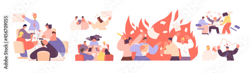 Office conflict. Businesswoman conflicts, mad business team. Angry executive manages, disagreement in work. Management chaos utter vector scenes