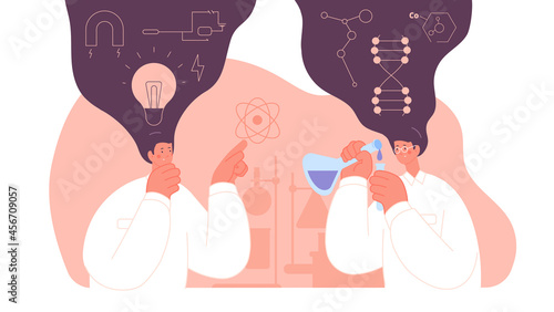 Woman scientist. Science research, lab pharmacist career. Scientific chemistry, biology and physician. Neuroscience technology utter vector concept