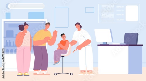 Family on hospital. Kid vaccination, doctor check up on clinic. Young and adult patients, pediatric little patient. Medical exam utter vector scene