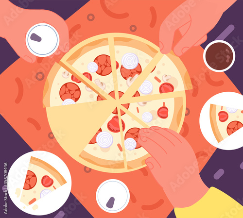 Friends dinner with pizza. Top view lunch, fast food delivery. Hands take drinks, joy home party. Cafe or pizzeria, friendship utter vector concept