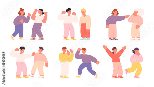 Bullying children. Scared and crying, school kids conflict. Aggressive postures, brother and sister violence. Isolated stress utter vector characters
