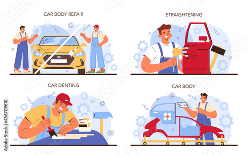 Car service set. Automobile got fixed in garage. Mechanic in uniform