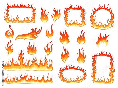 Colorful fire flame. Effect flames, glowing fire symbols. Burning cartoon round frame, hot red bonfire. Heating graphic shapes recent vector set