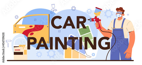 Car painting typographic header. Mechanic in uniform paint a body