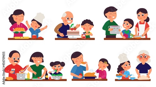 Parents and children prepare food. Person cooking, cartoon family dinner. Home kitchen, isolated smiling adults with kids cook decent vector scenes