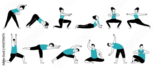 Yoga workout. Muscles training, stretching activities. Isolated strong sport man woman, healthy lifestyle. Body fitness poses, decent vector characters