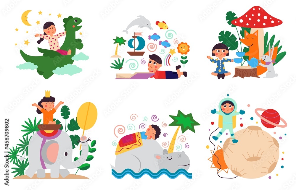 Dreaming children. Creative concept, fairy tale book for kids. Preschool child fantasy, cartoon boy journey in dream. Imagination decent vector set