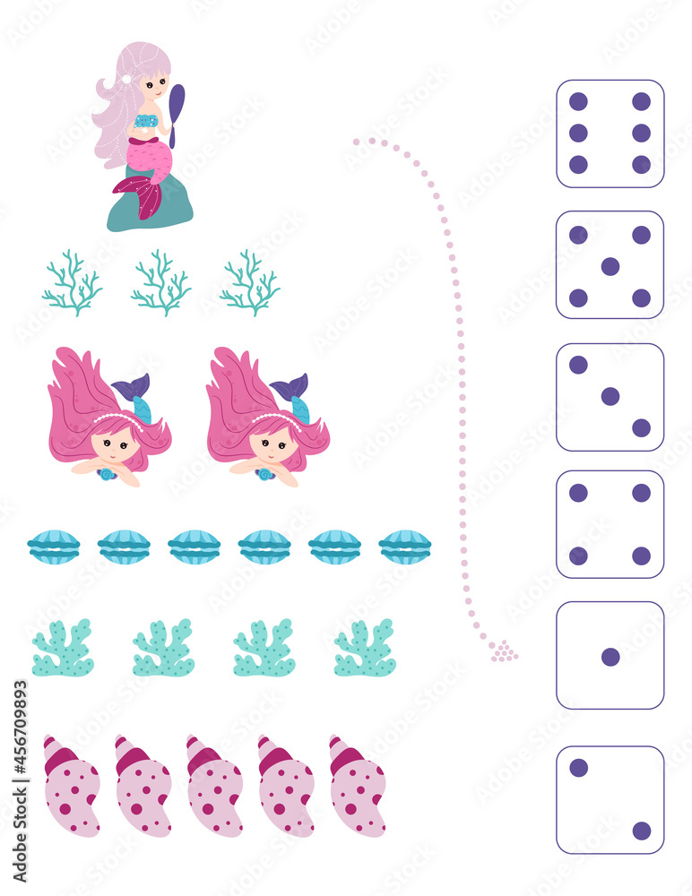 Obraz premium Mermaids. Worksheet for teaching mathematics and numeracy. Vector.