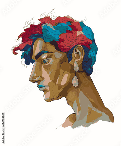 Portrait of a sad young man with multicolored hair and an earring in profile.