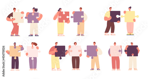 Teamwork metaphor. Cartoon business communication, puzzle collect. Partner collaboration, relationship and friendship. Creative work utter vector set