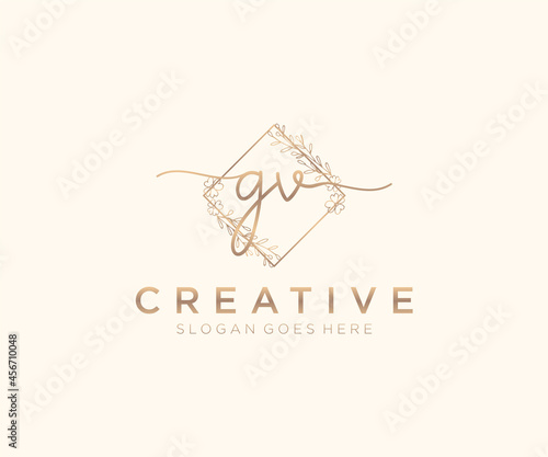 initial GV Feminine logo beauty monogram and elegant logo design, handwriting logo of initial signature, wedding, fashion, floral and botanical with creative template.