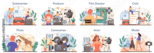 Movie making and showbusiness occupation set. Screenwriter, producer
