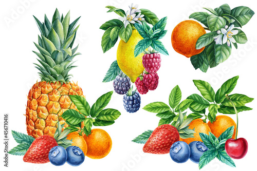 Fototapeta Naklejka Na Ścianę i Meble -  Watercolor lemon, tangerine, pineapple, raspberry, cherry, blackberry and strawberry, sweet fruits and berries