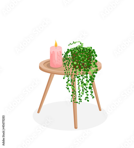 Coffee table with candle and plant. Vector illustration of house elements. Cartoon style